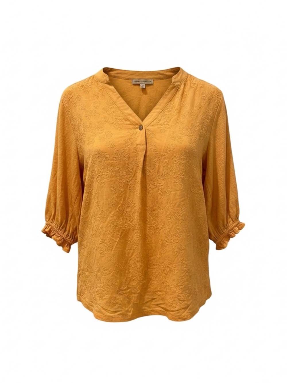 Democracy Women’s Small Yellow Embroidered Blouse Boho 3/4 Sleeve Top